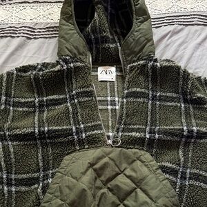 Zara Olive Plaid Sherpa Jacket